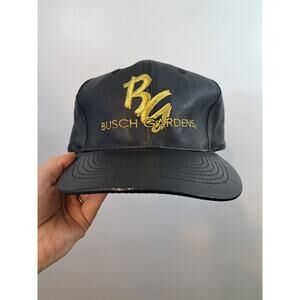 Busch Gardens Vintage Black Gold Embroidered Leather Blend Hat Cap Adjustable